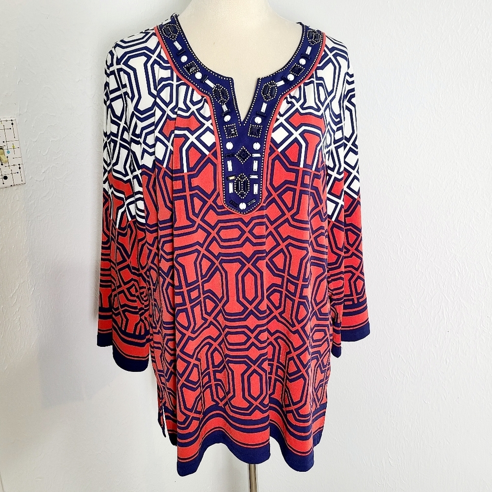 JM Collection Red, Blue, White Geometric Tunic with Beaded Accents, Size 1X